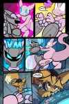 2026 2:3 6_panel_comic absurd_res ambiguous_gender anthro black_cape black_clothing black_eyes black_text blue_eyes brown_body brown_fur brown_hair cape clenched_teeth clothing comic dialogue eevee english_text exclamation_point eyebrows eyelashes feral fur generation_1_pokemon group hair hi_res hypnotic_eyes legendary_pokemon male_(lore) mew_(pokemon) mewtwo nintendo open_mouth open_smile page_number pawpads paws pink_body pokemon pokemon_(species) pokemon_mystery_dungeon purple_body quadruped question_mark signature smile speech_bubble spike_chunsoft talking_to_another teeth text toony trio virmir virmir_(character) white_sclera