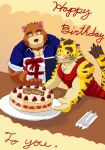 5_fingers anthro bear birthday_cake black_eyebrows black_eyes black_nose blue_clothing blue_eyes blue_jacket blue_topwear box brown_eyebrows cake clothing container cutlery dessert dish duo english_text eyebrows felid fingers food fur gift_box jacket juuichi_mikazuki kitchen_utensils male mammal morenatsu musclegut muscular muscular_male napkin pantherine pink_nose pink_tongue red_clothing red_shirt red_tank_top red_topwear shirt striped_body striped_fur stripes tank_top text tiger tongue tools topwear torahiko_ooshima white_clothing white_fangs white_shirt white_topwear wo