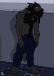  2024 abs anthro beard black_body black_fur body_hair bottomwear canid canine canis chest_hair claws clothing colored dated erection erection_under_clothing facial_hair fur grey_body grey_fur hair happy_trail hi_res jewelry male mammal muscular muscular_male mustache necklace pants pentagram_necklace solo standing tail text url white_eyes whitecolt_productions wolf 