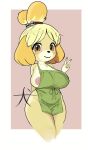  2025 absurd_res animal_crossing anthro apron apron_only areola bell_in_hair big_breasts blonde_hair border breasts brown_eyes canid canine canis clothing colored digital_drawing_(artwork) digital_media_(artwork) domestic_dog female female_anthro fur gesture glistening glistening_eyes green_apron green_clothing hair hair_bun hand_gesture hi_res ineffective_clothing isabelle_(animal_crossing) kisu-inu long_nails looking_at_viewer mammal nails nintendo nipples nude nude_anthro nude_female pink_areola pink_nipples portrait shaded signature simple_background smile smiling_at_viewer solo standing thick_thighs three-quarter_portrait v_sign white_body white_border white_fur wide_hips yellow_body yellow_fur 