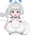 2026 absurd_res animal_humanoid aquatic aquatic_humanoid beluga_humanoid big_breasts blue_archive blue_clothing blush bodily_fluids breasts cetacean cetacean_humanoid choker cleavage clothed clothing cute_fangs digital_drawing_(artwork) digital_media_(artwork) eyelashes fangs female female_humanoid front_view grey_hair hair halo hi_res huge_breasts humanoid jewelry kotone_(blue_archive) mammal navel_outline necklace nexon one-piece_swimsuit open_mouth open_smile sadyadayo short_hair smile solo steam steaming_body sweat sweaty_breasts swimwear tail teeth white_clothing