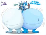 2022 absurd_res anthro belly big_belly blue_body blue_border blue_fur border clothing drew_(dragovian15) duo els3d fur hi_res huge_belly hyper hyper_belly kangaroo macropod male mammal marsupial overweight sed_(els3d) shirt simple_background text topwear white_background