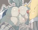anal anal_penetration animal_genitalia animal_penis anthro anus backsack balls beastars bird_dog bodily_fluids bottomwear bottomwear_down canid canine canine_genitalia canine_penis canis clothed clothing domestic_dog duo genital_fluids genitals hi_res hunting_dog imminent_anal jack_(beastars) labrador legoshi_(beastars) male mammal multicolored_body pants pants_down partially_clothed penetration penis penis_tip precum retriever sheath simple_background tatsuodarkzone two_tone_body wolf