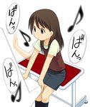  a1 afterimage arcade ayase_ena brown_eyes brown_hair commentary eighth_note instrument long_hair musical_note pencil_skirt piano simple_background skirt solo stool translated upright_piano white_background yotsubato! 