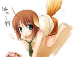  ahoge all_fours animal_ears blush brown_hair dog_ears green_eyes inuarashi meiko_(inuarashi) original short_hair skirt solo tail 