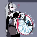 1:1 absurd_res anthro aquatic belly big_belly black_clothing black_lingerie bloated blush breasts canid canine canis choker clothed clothing distended_stomach female female_pred female_prey grey_background heart_symbol hellaverse helluva_boss hi_res internal jewelry legless lingerie loona_(helluva_boss) mammal merfolk mythological_canine mythological_creature mythology navel necklace nipple_outline oral_vore pasties rumbling_stomach seashell_pasties simple_background smile smirk soft_vore solo spiked_choker split_form standing vj vore wall_(structure) whisper_the_(mer)wolf1 wolf x-ray_view