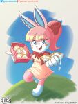 3:4 absurd_res anthro birthday blue_eyes bow_ribbon clothed clothing dessert digital_media_(artwork) dress empanada fan_character female food fur hair hi_res jackintaro lagomorph leporid looking_at_viewer mammal open_mouth pastry pink_body pink_hair ponytail rabbit simple_background smile solo teeth text url