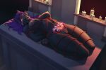 3:2 anthro arms_tied bdsm bedroom_eyes black_body black_fur bodily_fluids bondage bound breasts candlelight corruption domestic_cat felid feline felis female fur genitals glowing glowing_eyes glowing_tattoo hair half-closed_eyes hands_behind_back hi_res hogtied legs_tied light looking_at_viewer lying mammal marcy narrowed_eyes nipples nootkep nude on_back open_mouth purple_hair restrained restraints ritual rope rope_bondage rope_harness seductive smile solo submissive submissive_anthro submissive_female sweat tattoo vulva womb_tattoo