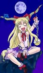  2005 arm_up blonde_hair blue_background bow bowtie chain closed_eyes cup daizan_(mount_position) full_body full_moon hair_bow horns ibuki_suika indian_style long_hair low-tied_long_hair lowres moon music oekaki oni oni_horns open_mouth red_ribbon ribbon sakazuki singing sitting skirt sleeveless solo touhou 