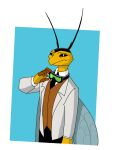 accessory alpha_channel antennae_(anatomy) anthro arthropod ben_10 black_sclera blue_background cartoon_network clothing cosplay eyewear goggles hymenopteran insect looking_at_viewer male necktie portrait professor_paradox shirt simple_background solo sonofan three-quarter_portrait topwear trenza_(kellington) vespid wasp white_eyes wings yellow_body yellowjacket_(wasp)