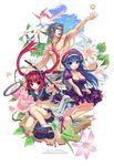  2girls animal_ears arin beret blue_hair cat_ears dress flower golf hat hoon_park_jeong kooh long_hair lotus max_(pangya) multiple_girls official_art pangya red_hair ribbon rose skirt tennis twintails wall 