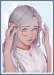  1girl adjusting_eyewear blue_eyes border character_request check_copyright final_fantasy final_fantasy_xiv glasses grey_hair icebear_kvitebjoern lips long_hair looking_at_viewer nail_polish pointy_ears portrait round_eyewear shirt short_sleeves solo white_nails white_shirt 