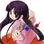 black_hair branch closed_mouth from_above from_behind hime_cut houraisan_kaguya jeweled_branch_of_hourai long_hair long_sleeves looking_at_viewer looking_back pose purple_eyes purple_hair shirt sidelocks simple_background skirt smile solo tilm touhou very_long_hair white_background 
