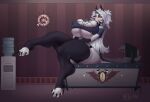 absurd_res anthro arm_warmers armwear big_breasts big_butt black_lipstick blush breasts bursting_breasts bursting_out_of_clothing butt canid canid_demon canine canis choker clock clothing computer demon desk detailed_background electronics female fur furniture grey_body grey_fur grey_hair hair hellaverse hellhound helluva_boss hi_res jewelry legwear lipstick long_ears long_hair long_legs loona_(helluva_boss) makeup mammal mythological_canine mythological_creature mythology necklace neelam_(artist) red_eyes sitting sitting_on_desk smile smiling_at_viewer solo table tail thick_thighs thigh_highs tight_clothing tight_topwear topwear under_boob water_cooler white_body white_fur wolf