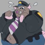 1:1 2026 anthro belly big_belly bottomwear bped brok_the_investigator clothing cowcat_games dessert doughnut food guard_(brok_the_investigator) hat headgear headwear hi_res justwatchingthings male mammal murid murine navel overweight overweight_male pants pastry rat rodent shirt simple_background solo standing topwear