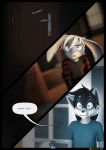 anthro black_hair blue_body blue_eyes blue_fur checkered checkered_clothing checkered_shirt checkered_topwear clothing comic confusion dialogue door fur furniture hair hi_res june_(striped_sins) pattern_clothing pattern_shirt pattern_topwear purple_body purple_eyes purple_fur ryder_(striped_sins) shirt shocked sofa striped_sins t-shirt topwear transition white_hair willitfit window