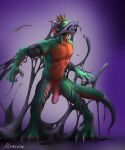 4_toes 5_fingers absurd_res anthro balls bdsm black_goo bondage bound claws corruption countershading dewclaw dragon erection feet finger_claws fingers foreskin frill_(anatomy) genitals goo-connected_lips goo_creature goo_transformation green_body head_crest head_frill hi_res male mid_transformation monster moracine muscular muscular_anthro muscular_male mythological_creature mythological_scalie mythology nude orange_body orange_countershading orange_frill panicked_look panicking pecs penis pink_penis purple_background scalie scared signature simple_background slime snout solo tail teal_body toe_claws toes transformation