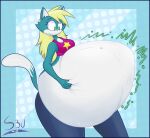 2022 after_vore anthro belly big_belly blonde_hair blue_background blue_body blue_fur clothing domestic_cat duo els3d felid feline felis female female_pred fur hair hi_res huge_belly mammal purple_clothing purple_shirt purple_topwear shirt simple_background topwear vore
