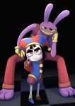 absurd_res anthro blush chamame_yuse clothed clothing crouching duo female fool's_hat glitch_productions gun hat headgear headwear hi_res human jax_(tadc) jester lagomorph leporid looking_at_viewer male mammal overalls pointing_gun_at_viewer pomni_(tadc) purple_body rabbit ranged_weapon smile standing the_amazing_digital_circus weapon