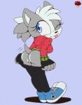 anthro blush bottomwear bottomwear_down bottomwear_pull butt canid canine canis clothed clothing clothing_pull digital_media_(artwork) domestic_dog fan_character female fingerless_gloves footwear fur genitals gloves hair handwear hi_res ladycherrybomba looking_at_viewer looking_back mammal one_eye_closed pants pants_down pants_pull partially_clothed sega shoes simple_background smile solo sonic_the_hedgehog_(series) standing tail tongue tongue_out topwear vulva wink winking_at_viewer