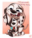 101_dalmatian_street 101_dalmatians absurd_res amused canid canine canis collar dalmatian deepak_(101_dalmatians) disney dolly_(101_dalmatians) domestic_dog duo eye_contact female feral fur hi_res hug hugging_another hugging_from_behind looking_at_another male male/female mammal multicolored_body multicolored_fur one_eye_closed pkbr4insh0ck_(artist) sitting_position spots text white_body white_fur