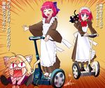  ahoge animal_ears apron artist_request blonde_hair blue_eyes blush bow cat cat_ears cat_tail closed_eyes hair_bow half_updo hisui japanese_clothes kimono kohaku len len_(cat) long_sleeves maid maid_headdress multiple_girls nekoarc puffy_sleeves red_hair riding running segway sharp_teeth short_hair siblings sisters smile speed_lines tail teeth translated tsukihime twins wide_sleeves 