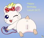 accessory anus artist_logo bag bow_ribbon butt cricetid english_text female female_feral feral fur genitals hair_accessory hair_bow hair_ribbon hamster hamtaro_(series) happy_birthday hi_res lazuli_(hamtaro) letterbox logo looking_at_viewer looking_back looking_back_at_viewer lying mammal on_front one_eye_closed pichu90 ribbons rodent satchel simple_background solo text vulva white_body white_fur wink x_anus