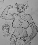 absurd_res anthro bandage big_breasts bovid bovine breasts cracked_horn duo elpis_(scarydrpepper) european_mythology facial_hair female flexing graphite_(artwork) greek_mythology henri_clement_(amnesia_the_bunker) hi_res human male male/female mammal midriff minotaur monochrome muscular muscular_female mustache mythology reckfulabandon shocked traditional_media_(artwork)