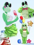 2026 absurd_res amphibian anthro blush bodily_fluids bottle bow_tie breasts cheek_blush clothing colored container costume digital_drawing_(artwork) digital_media_(artwork) female food frog gesture glitch_productions gloink green_body headgear hi_res holding_balloon holding_costume holding_food holding_headgear holding_object holding_popsicle mascot mascot_costume multiple_angles multiple_poses narrowed_eyes popsicle pose red_bow_tie ribbit_(tadc) shaded shirt simple_background sloum solo sweat tank_top the_amazing_digital_circus topwear water_bottle waving waving_at_viewer white_background