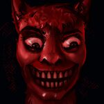1:1 alpaca camelid close-up creepy g_jamez gaze headshot_portrait hi_res humanoid jameslewis male mammal monochrome nightmare_fuel portrait red_body red_light red_skin red_theme smile solo teeth text vent_art