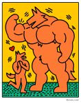 anthro armpit_hair big_muscles big_pecs body_hair border canid canine canis cheek_tuft crotch_tuft digital_drawing_(artwork) digital_media_(artwork) duo facial_tuft heart_symbol hi_res keith_haring larger_anthro male male/male mammal motion_lines muscular muscular_anthro muscular_male on_one_leg pecs revelion signature simple_background size_difference smaller_anthro standing tail tail_motion tailwag tuft white_border wolf yellow_background