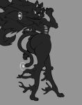 2026 3_eyes big_butt black_body black_fur breasts butt digitigrade felid feline female fur hair hi_res huge_butt humanoid long_hair looking_at_viewer looking_back looking_back_at_viewer mammal monochrome mouthless multi_eye nude nude_female nude_humanoid solo tail thevarking thick_thighs unknown_species walking white_sclera wide_hips