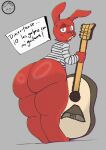 anthro big_butt bottomless butt butt_focus clothed clothing day74art femboy fur grey_background guitar juan_carlos_bodoque lagomorph leporid male mammal musical_instrument plucked_string_instrument rabbit red_body red_fur shirt shirt_only simple_background solo spanish_text speech_bubble string_instrument text thick_thighs topwear topwear_only translated