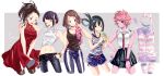  6+girls ashido_mina asui_tsuyu bare_shoulders black_hair black_sclera black_tank_top boku_no_hero_academia border bracelet brown_eyes brown_hair casual character_name cursive dress green_hair hagakure_tooru hair_between_eyes heart highres hood hoodie horns invisible jewelry jirou_kyouka long_hair loungewear midriff multiple_girls navel necklace one_eye_closed open_mouth pink_hair pink_skin pleated_skirt purple_hair red_dress scrunchie shirt short_hair shorts simple_background skirt sleeveless sleeveless_hoodie sleeves_rolled_up striped striped_scrunchie striped_shirt suzu_(tg_390) tank_top tongue tongue_out uraraka_ochako v white_border wrist_scrunchie yaoyorozu_momo yellow_eyes 