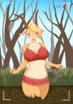 5_fingers antelope anthro blonde_hair bottomwear bovid bra breasts brown_horn camera_view cleavage clothed clothing day disney female fingers forest fur gazelle gazelle_(zootopia) hair hi_res horn mammal miniskirt mud multicolored_body multicolored_fur navel open_mouth orange_eyes outside pink_nose pink_tongue plant quicksand sequence shaded shirasiyuki shrub sinking skirt solo story story_in_description tan_body tan_fur tongue tree underwear zootopia