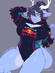 3:4 absurd_res anthro blue_body blue_fur bodysuit canid canine clothing cropped_jacket dragon english_text female fox fur furred_dragon furred_scalie green_eyes hi_res hybrid looking_at_viewer mammal mitsufoppie mythological_creature mythological_scalie mythology purple_body purple_fur red_bull scalie simple_background skinsuit solo text tight_clothing watermark whiskers