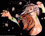  antenna_hair breasts brown_eyes cleavage comic flower japanese_clothes kimono knife large_breasts leaf long_hair long_sleeves mouth_hold nail_polish natsume_maya no_bra oogure_ito open_clothes open_shirt petals pink_nails scan shirt silver_hair solo tenjou_tenge 