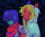 ambiguous_gender anthro antlers armor blonde_hair blue_body blue_hair blue_skin brown_body brown_fur cape cloak clothing deer deltarune duo female freckled_face freckles fur goomyloid hair hi_res hood_up horn human kris_dreemurr lightner looking_back mammal new_world_deer noelle_holiday red_eyes reindeer undertale_(series)