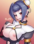  blue_hair breastless_clothes breasts bun_cover copyright_request double_bun kei_jiei large_breasts nipples pointy_ears red_eyes short_hair solo 