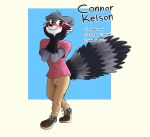 absurd_res anthro arm_tuft biped bite biting_lip blush bottomwear brown_clothing brown_footwear brown_shoes bulge cheek_tuft clothed clothed_anthro clothed_male clothing collared_shirt connor_kelson digital_drawing_(artwork) digital_media_(artwork) dress_shirt elbow_tuft english_text erection erection_under_clothing facial_tuft fingers fluffy fluffy_tail footwear front_view fully_clothed fur grey_body grey_fur head_in_hands head_tuft hi_res looking_at_viewer male mammal model_sheet nsfwguy45 pants pink_clothing pink_shirt pink_topwear pose procyonid raccoon sharp_teeth shirt shoes simple_background smile smiling_at_viewer solo standing tail teeth text three-quarter_view topwear tuft