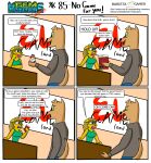 absurd_res alfonso_(gem_hunters) anthro baristagamerproductions beverage_can bottle bottomwear canid canine canis clothing comic container counter denim denim_bottomwear denim_clothing dialogue dingo english_text felid female game_box hi_res jacket jeans lion male mammal pantherine pants sign sleeveless_topwear tail text topwear