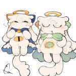 1:1 3_eyes ambiguous_anthro ambiguous_gender angel anthro belly_eye biped black_eyes blue_cape blue_clothing blush blush_lines blush_stickers cape cape_only cheek_tuft chibi clothed clothing colored devil_connection digital_media_(artwork) duo eyes_closed facial_tuft fakedoel_(makemon) feathered_wings feathers featureless_crotch floating fluffy fluffy_tail front_view fur green_cape green_clothing green_eyes halo hi_res hip_wings kemono kupyadel_(makemon) looking_at_another makemon mammal monotone_body monotone_fur monotone_tail mostly_nude multi_eye open_mouth open_smile saddu signature simple_background smile tail tuft unusual_wing_placement white_background white_body white_fur white_tail wings yellow_sclera