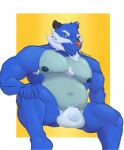 2023 5_fingers anthro armpit_hair armpit_tuft artist_name asian_clothing beard belly biped blue_body body_hair border bulge chest_tuft clothed clothed_anthro clothed_male clothing countershading dark_nipples dated declorbis detailed_bulge east_asian_clothing eyebrows facial_hair fingers front_view fundoshi fundoshi_only generation_5_pokemon grey_eyes hand_on_knee hand_on_leg hand_on_own_knee hand_on_own_leg hi_res japanese_clothing looking_at_viewer male male_anthro multicolored_body musclegut muscular muscular_anthro muscular_male mustache nintendo nipple_dip nipples orange_nose pokemon pokemon_(species) pubes samurott simple_background sitting solo teal_body teal_countershading teal_nipples text topless topless_anthro topless_male tuft two_tone_body underwear underwear_only white_beard white_border white_clothing white_eyebrows white_facial_hair white_fundoshi white_mustache white_pubes white_underwear yellow_background