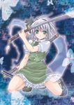  ayami_chiha black_hairband bow bowtie bug butterfly dual_wielding frilled_skirt frills green_eyes hairband hitodama holding insect katana kneeling konpaku_youmu konpaku_youmu_(ghost) scabbard sheath short_hair silver_hair skirt solo sword tassel touhou vest weapon 