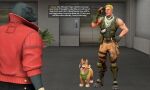 3d_(artwork) anthro black_body black_scales blonde_hair bonesy bottomwear brown_body canid canine canis clothed clothing comic dialogue digital_media_(artwork) domestic_dog elevator english_text epic_games feral fortnite greeting group hair hi_res human inside jacket jonesy_(fortnite) kerchief komodo_dragon lizard male mammal meteorsmash monitor_lizard neckerchief neckwear pants plant plant_pot potted_plant red_clothing red_eyes red_jacket red_topwear reptile scales scalie text text_box thunder_(fortnite) tongue tongue_out topwear trio