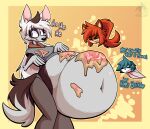  2024 absurd_res after_vore anthro belly big_belly canid canine canis clothing domestic_dog els3d female female_pred female_prey fox grey_clothing grey_shirt grey_topwear group hi_res huge_belly khaira_(els3d) male male_prey mammal sed_(els3d) shirt text topwear trio vore 
