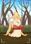 5_fingers antelope anthro blonde_hair blush bovid bra breasts brown_horn camera_view cleavage clothed clothing day disney female fingers forest fur gazelle gazelle_(zootopia) hair hi_res horn mammal mud multicolored_body multicolored_fur navel orange_eyes outside pink_nose plant quicksand sequence shaded shirasiyuki shrub sinking solo story story_in_description tail tan_body tan_fur tan_tail tree underwear zootopia