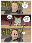 3:4 adamtots artist_name can cat_food clothing comic container dialogue domestic_cat duo electronics english_text felid feline felis feral foot_on_chin hi_res human inside joe_rogan male mammal microphone misinformation neon_sign paws pet_food pink_nose shirt sign speech_bubble t-shirt text topwear wall_(structure) wood wood_wall