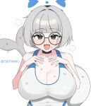 2026 absurd_res animal_humanoid aquatic aquatic_humanoid beluga_humanoid big_breasts blue_archive blue_clothing blush bodily_fluids breasts cetacean cetacean_humanoid choker cleavage clothed clothing cute_fangs digital_drawing_(artwork) digital_media_(artwork) eyelashes eyewear fangs female female_humanoid front_view glasses grey_hair hair halo hi_res huge_breasts humanoid jewelry kotone_(blue_archive) mammal navel_outline necklace nexon one-piece_swimsuit open_mouth open_smile sadyadayo short_hair smile solo steam steaming_body sweat sweaty_breasts swimwear tail teeth wearing_glasses white_clothing