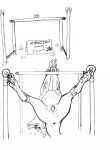 animal_genitalia anus bdsm blush bondage bound claws dragon english_text eyewear feral genital_slit genitals glasses hands_tied hi_res legs_tied line_art male mikey-beans mythological_creature mythological_scalie mythology penis scalie sign simple_background solo suspension suspension_bondage tail text
